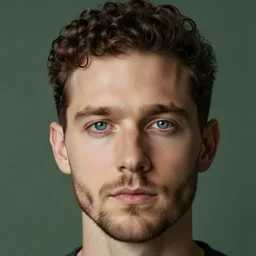 a photo portrait of a white man. round oval face, blue eyes, brown stubble, dark brown short curly hair, shaved sides, green background