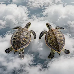 two turtles swimming through clouds