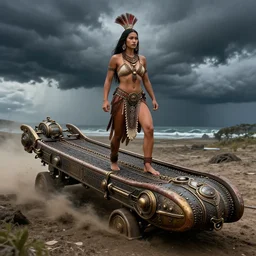 Maori warrior princess on ancient steam punk hooverboard, storm outside by david LaChapelle