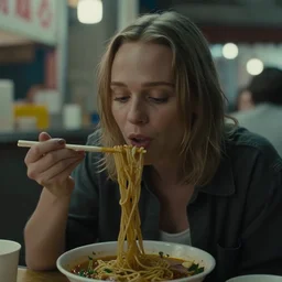 A close-up, color outdoor film still of a Alicia Amanda Vikander Eating noodles at a Chinese food stall, ambient lighting at night, from Matrix(1999).
