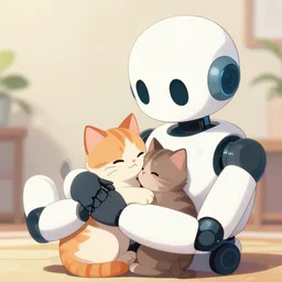 a robot cuddling kittens, anime