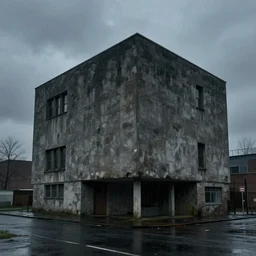 brutalist architecture, rainy day, ominous evening, matte painting by greg rutkowski and craig mullins