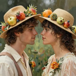 a cinematic beautiful close up portrait of two male lovers, wedding wearing boho sunhat with fruit, wedding photography, film, elegant, digital painting, artstation, concept art, illustration, art masterpiece by art by krenz cushart, artem demura, alphonse mucha, yoji shinkawa, artgerm, jon lothian, danilo torres, adi meyers, thomas reimann, gaston bussiere