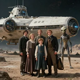 highly detailed, 2,097,152k film still from a sci fi blockbuster color movie made in 2019, set in 1860, of a family standing in front of a spaceship that has just landed on an alien planet, a humanoid alien creature stands nearby, the family are all wearing 1860s era clothes, good lighting, good photography, in focus