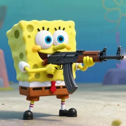 high detail movie still of ultra realistic spongebob squarepants shooting an ak - 4 7 assault rifle with muzzle flash, cinematic framing rule of thirds, cinematic light, in the style of battle field 5
