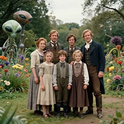 sharp, highly detailed, 36864k film, 175000mm film still from a sci fi blockbuster color movie made in 2019, set in 1860, of a family standing in a park, next to some strange alien plants and flowers, on an alien planet, the family are all wearing 1860s era clothes, good lighting, enhanced faces, 70000mm f/1.8L lens