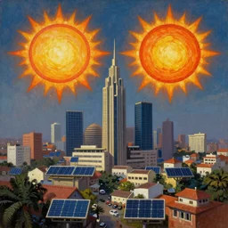 solarpunk dhaka city under twin suns, realistic painting, classical painting, high definition, digital art, matte painting, vibrant, mystical, very detailed, realistic