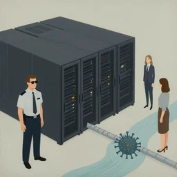 illustration of a data-center architecture or schema, sunglass wearing security agent, spiked virus, datapipeline or river, painting by Jules Julien and Lisa Frank and Peter Mohrbacher and Alena Aenami and Dave LaChapelle muted colors with minimalism