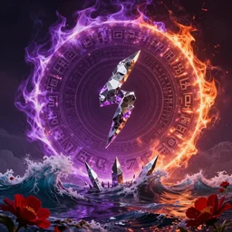 arcs of purple flame, water waves, shards of mercury, dramatic lighting, secret cypher, red flowers, solar flares, intricate art by greg rutkowski