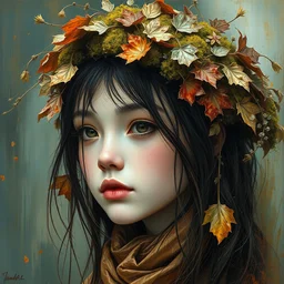 environmental portrait of beautiful girl by irakli nadar with intricate detailed color smashing fluid oil paint and acrylic, dried moss and dried autumn leaves headdress, melting wax, mycelia, abstract impressionism, ruan jia, fantasy, hyper detailed, concept art, by gustav klimt,