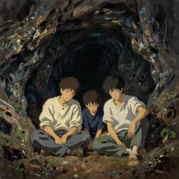 ben solo and rei sitting together in a large dark cave, tired, painted by krenz cushart, mucha, ghibli, by joaquin sorolla rhads leyendecker, by ohara koson