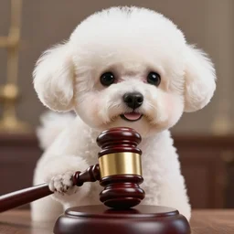 a closeup photorealistic illustration of a bichon frise justice pounding a gavel. this 4 k hd image is trending on artstation, featured on behance, well - rendered, extra crisp, features intricate detail and the style of unreal engine.