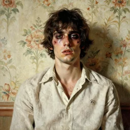 a baroque painting of a beautiful but sinister young man in layers of fear, with haunted eyes, wearing a linen shirt, 1 9 7 0 s, seventies, floral wallpaper, wilted flowers, a little blood, morning light showing injuries, delicate ex embellishments, painterly, offset printing technique