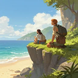 three dnd adventurers hiding on a cliff over a beach, sunny, fantasy art, concept art, digital art, epic, 4 k