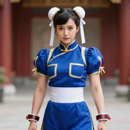 Beautiful close highly detailed portrait of a Chun-Li from Street Fighter 2 cosplayer in her iconic signature main outfit. Award-winning photography. XF IQ4, 150MP, 50mm, f/1.4, ISO 200, 1/160s, natural light, rule of thirds, symmetrical balance, depth layering, polarizing filter, Sense of Depth, AI enhanced