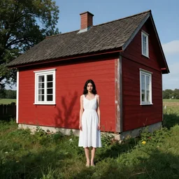 a young woman in the shadow! of a red cottage!. black hair, white!! dress, sharp focus, wide angle, art by eddie mendoza, trending on artstation, highly detailed, hyper realistic.