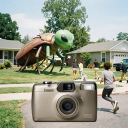 1 9 9 3, disposable camera, flash, giant insect alien chasing people in suburbia