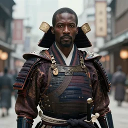 a film still of a black man starring in a japanese blockbuster film as ancient samurai in the city of wakanda, shallow depth of field, cinematic, award winning cgi, vfx, film still