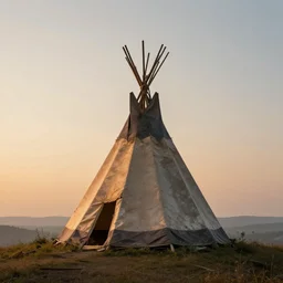 an abandoned teepee on the top of a hill, sunrise, greg rutkowski, 8 k, shallow depth of field, intricate detail, concept art,