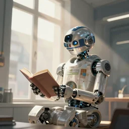 digital painting of a droid robot reading a book, concept art, sunlight pouring through window, large scale, high detail, futuristic, godrays, volumetric lighting, warm lighting