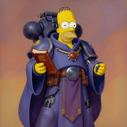 painting of homer simpson as a cloaked tech priest holding a book, adeptus mechanicus!, cybernetic enhancements attached to his body, praise the omnissaiah, zdzislaw beksinski, lewis jones, mattias adolfsson, warhammer 4 0 k!!, cold hue's, warm tone gradient background, concept art, digital painting