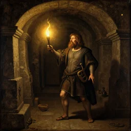 a bearded man holds a torch and explores a Dungeon, luminous, Renaissance Painting