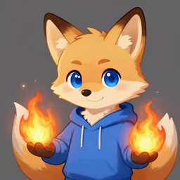 furry ( fandom ) art of a cute anthropomorphic sandy - colored tan fox and blue eyes and wearing a blue sweatshirt holding fireballs, digital art, painting, trending on furaffinity, big eyes