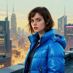 2 0 1 8 blade runner movie still girl look at the cityscape from roof perfect prtrait of young madison beer face fine realistic face pretty face neon puffy jacket blue futuristic sci - fi elegant by denis villeneuve tom anders zorn hans dragan bibin thoma greg rutkowski ismail inceoglu illustrated sand storm alphonse mucha