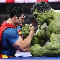 Superman arm wrestling the Hulk