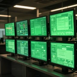 a wall of monitors glowing green, cyberpunk background, cinematic view, detailed, concept art, high detail, warm lighting, volumetric, godrays, vivid, beautiful, trending on artstation, by jordan grimmer, huge scene, grass, art greg rutkowski
