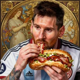 Lionel Messi eating a mammoth Wendy's baconator, closeup, giant baconator, D&D, fantasy, intricate, elegant, highly detailed, digital painting, artstation, concept art, matte, sharp focus, illustration, art by Artgerm and Greg Rutkowski and Alphonse Mucha