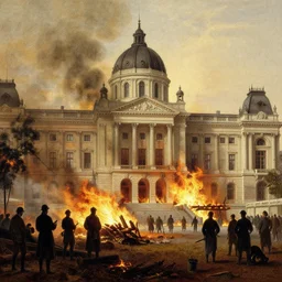 Budapest National Museum on fire, 1800's illustration, thomas kinkade