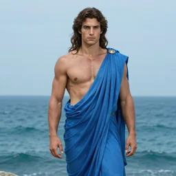 full body portrait of tommy martinez as a greek god. dressed!!!! blue toga. ocean background. long hair, detailed face, concept art, intricate, highly detailed 8 k, smooth, sharp focus, handsome and aesthetic shape of face and body, artgerm, artstation, art by zexi guo and nira and junpei suzuki and gharliera and