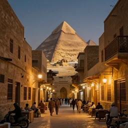 cairo old streets + night life of 1 9 4 0, muizz street + showing pyramids in the skyline + highly detailed, 8 k matte, cinematic lighting, artstation, matte painting, volumetric lighting