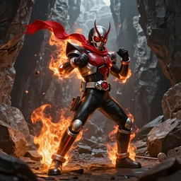 Demonic Samurai Kamen Rider with a red scarf made of fire billowing behind him and skull fisticuffs standing in a rock quarry, full body, single character, League of Legends Character Splash Art, high quality, 4k, concept art, illustration, rubber suit, Arcane style