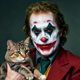 Mauricio Macri in Elaborate Joker Makeup and prosthetics designed by Rick Baker, Hyperreal, Head Shots Photographed in the Style of Annie Leibovitz, Studio Lighting, Mauricio Macri with a cat in his hand