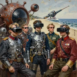 junky men, cybertronic gadgets and vr helmet, biotechnology, rusty shapes, duty colours, piotr jablonski, mark maggiori, jeff dekal, norman rockwell, long shot, hyperrealistic oil painting on canvas, deep depth field, cinematic composition, hyper - detailed, hdr, 8 k, 4 k