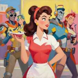 greg manchess portrait painting of a beautiful waitress 1 9 4 0's pinup as overwatch's characters, medium shot, asymmetrical, profile picture, organic painting, sunny day, matte painting, bold shapes, hard edges, street art, trending on artstation, by huang guangjian and gil elvgren and sachin teng