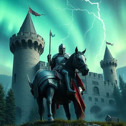 knight crusader mounted in a horser, standing in frontal of a castle, castle realistic, armor of lightnings and helmet electricity hyperrealism, big forest world fantasy hyperrealism, sky rays of northern lights electricity artstation realistic, realistic artstation
