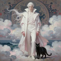 style of Guo Hua ,young vampire and her black cat  Portrait by Miho Hirano, full body , realistic, detailed, white, light pink tonalities, beautiful collage technique including clouds, sea, wind, ornate sea background, beautiful Fantasy detailed trending on artstation, oil painting,Dramatic lighting, eterea , high quality print, fine art with subtle redshift rendering