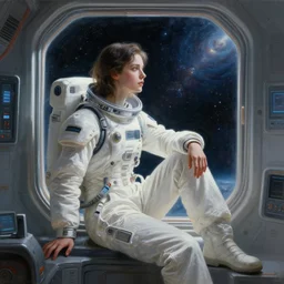 a full body portrait painting of a young female face by artgerm wearing a relaxed futuristic white space outfit by james jean, sitting at the edge of a spaceship window looking at deep space, sci - fi art masterpiece by greg rutkowski, wenjun lin, unreal engine 5 highly rendered, global illumination, radiant light, detailed and intricate environment