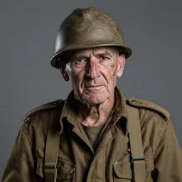 portrait photograph of a battle worn veteran remembering, studio photography, high quality, dramatic lighting, high resolution