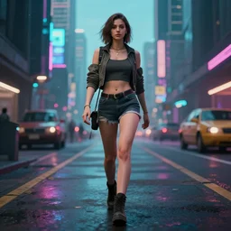 photo of a beautiful woman walking through a ( ( ( cyberpunk city ) ) ), full body, hyper realistic, 8 k, dslr, unreal engine, highly detailed portrait