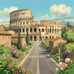 studio Ghibli style background animatuon manga matte painting of Rome. Roads. Monuments. 4k quality. Sunny day. Bloom