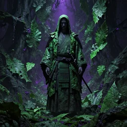 a samurai standing in a highly detailed over dimensional green leaves that are not from this world decaying with black vaines, dark fantasy, photorealism, unreal engine, purple hue, religious, epic