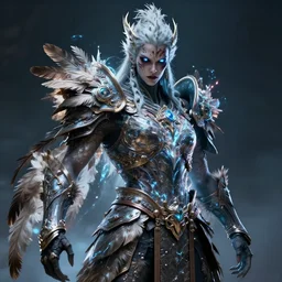 an astonishing warrior wearing an armor made of feathers, strange energy emitting through body, scars on face, volumetric lighting, scary eyes, digital art,