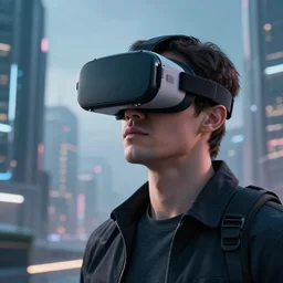 beautiful hyper-realistic style cinematic work where a man appears with virtual reality glasses, in the background you can see a futuristic city