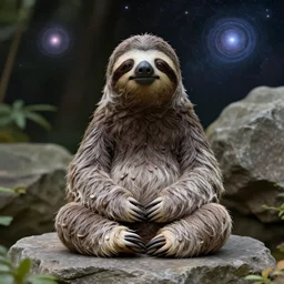 a photograph of a sloth buddha meditating in a zen rock garden, nature photography, highly detailed, intricate details, sharp focus, celestial