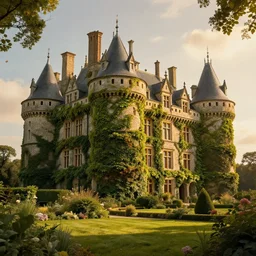 concept art of beautiful castle covered with ivy by turner, cinematic composition, golden hour