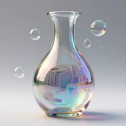 unfinished klein bottle sculptural, chroma iridescence, colors, glassy, reflective and refractive, soap bubbles floating, architecture